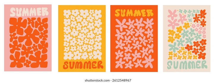Hand drawn retro flowers. Hippie flowers set. 60s and 70s abstract flowers. Groovy nostalgic floral signs. A collection of colorful vintage plants.