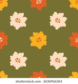 Hand drawn Retro Flowers Seamless Pattern. Cute Summer Floral Endless Background with simple blossoms. Minimal blooming design. Repeat vector illustration