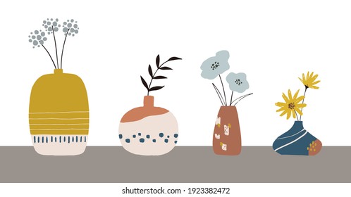 Hand drawn retro flowers and vases. Whimsical and quirky flowers and vases in retro modern colors.