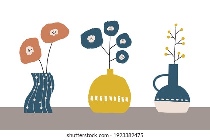 Hand drawn retro flowers and vases. Whimsical and quirky flowers and vases in retro modern colors.