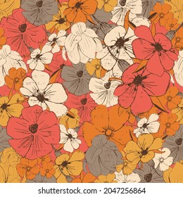 Hand drawn retro flowers vector seamless repeat