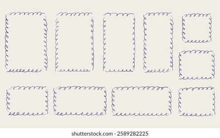 Hand drawn retro frames set. Chalk scribble wavy borders collection. Pencil texture doodle curly frame. Different sizes: wedding invitation, greeting card, postcard design. Vintage vector illustration