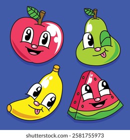 Hand drawn retro fruits cartoon vector illustration