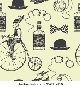 Hand drawn retro gentleman seamless pattern. Rabbit on the retro bicycle, bowler hat, pocket watch, bow tie, pince-nez, spats boots, moustache, whiskey bottle