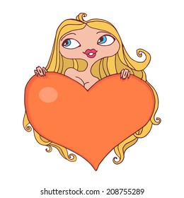 hand drawn retro girl with long blond hair with big red heart