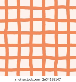 Hand Drawn Retro Grid Seamless Pattern. Geometric lattice style with quirky hand sketched lines in warm nostalgic tones. Orange Abstract texture. Vector illustration 