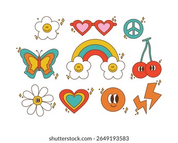Hand Drawn Retro Groovy Sticker Elements Collection Peace, Love, and Sunshine Vibes