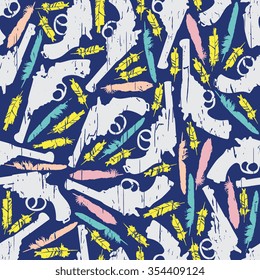 Hand drawn retro gun seamless pattern with feathers