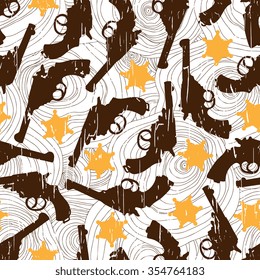 Hand drawn retro gun seamless pattern with abstract texture and sheriff star. Vector illustration