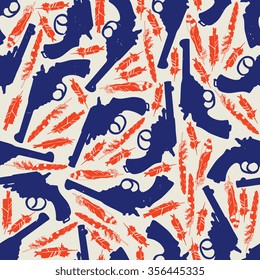 Hand drawn retro gun seamless pattern with feathers