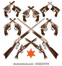 Hand drawn retro gun set with sheriff star. Vector illustration