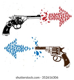 Hand drawn retro guns with flock of pigeons flying in an arrow. Teamwork concept. Vector illustration