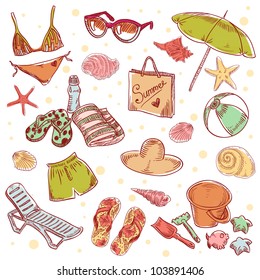 Hand drawn retro icons summer beach set on a grunge paper background