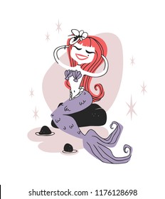 Hand drawn Retro illustration Halloween Character. Creative Cartoon art work. Actual vector drawing Holiday People. Artistic isolated Vintage Person Mermaid