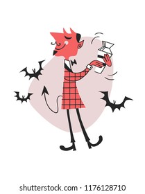 Hand drawn Retro illustration Halloween Character. Creative Cartoon art work. Actual vector drawing Holiday People. Artistic isolated Vintage Person Devil