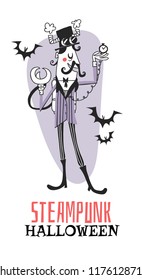 Hand drawn Retro illustration Halloween Character. Creative Cartoon art work. Actual vector drawing Holiday People. Artistic isolated Vintage Steampunk Person 