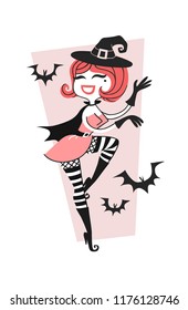 Hand drawn Retro illustration Halloween Character. Creative Cartoon art work. Actual vector drawing Holiday People. Artistic isolated Vintage Person Witch