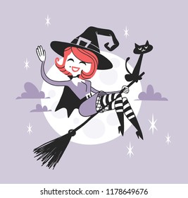 Hand drawn Retro illustration Halloween Character. Creative Cartoon art work. Actual vector drawing Holiday People. Artistic isolated Vintage Person Witch