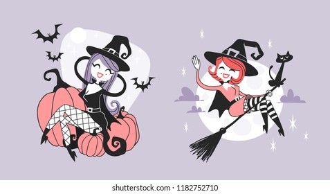 Hand drawn Retro illustration Halloween Characters. Creative Cartoon art work. Actual vector drawing Holiday Witches. Artistic isolated Vintage Person