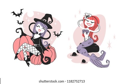 Hand drawn Retro illustration Halloween Characters. Creative Cartoon art work. Actual vector drawing Holiday Witch and Mermaid. Artistic isolated Vintage Person