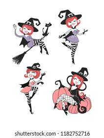 Hand drawn Retro illustration Halloween Characters. Creative Cartoon art work. Actual vector drawing Holiday Witches. Artistic isolated Vintage Person