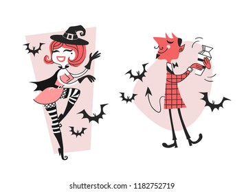 Hand Drawn Retro Illustration Halloween Characters. Creative Cartoon Art Work. Actual Vector Drawing Holiday People. Artistic Isolated Vintage Witch And Devil