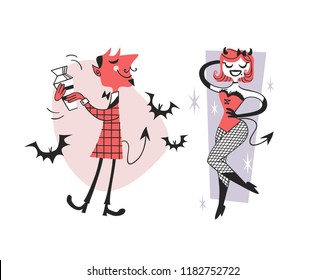 Hand Drawn Retro Illustration Halloween Characters. Creative Cartoon Art Work. Actual Vector Drawing Holiday People. Artistic Isolated Vintage Devil
