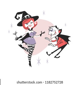 Hand drawn Retro illustration Halloween Characters. Creative Cartoon art work. Actual vector drawing Holiday Witch and Dracula. Artistic isolated Vintage Person