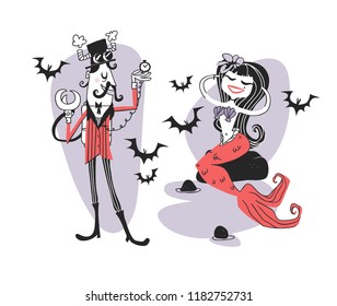 Hand drawn Retro illustration Halloween Characters. Creative Cartoon art work. Actual vector drawing Holiday Steampunk man and Mermaid. Artistic isolated Vintage Person