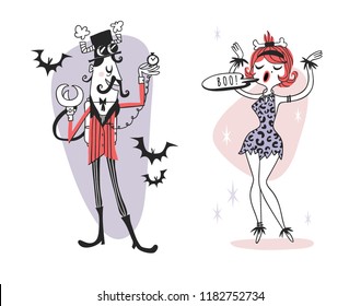 Hand drawn Retro illustration Halloween Characters. Creative Cartoon art work. Actual vector drawing Holiday People. Artistic isolated Vintage Steampunk man and Neanderthal Woman