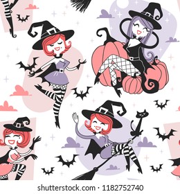 Hand drawn Retro illustration Halloween Characters. Creative Cartoon art work. Actual vector drawing Holiday People. Artistic Vintage Seamless Pattern with Witches