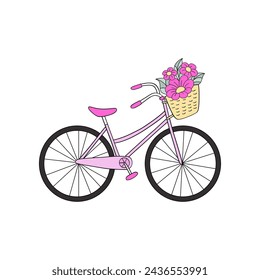 Hand drawn retro lady pink bicycle with basket of flowers vector illustration isolated on white. Line art happy Easter holiday print poster postcard themed graphics. 