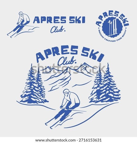 Hand drawn retro logo vector illustration skier adventure on mountain snow nature national park. Vintage outdoor apparel design
