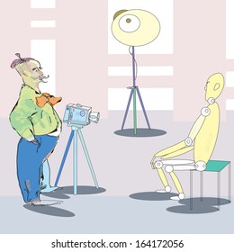 hand drawn retro looks photographer taking picture of dummies, vector and illustration