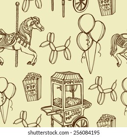 hand drawn retro luna park seamless pattern. Carousel horse, popcorn machine, popcorn, balloons, balloon dog. 