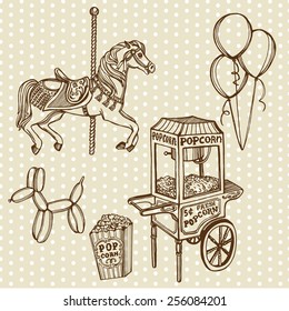 hand drawn retro luna park set. Carousel horse, popcorn machine, popcorn, balloons, balloon dog. Vintage polka dot background