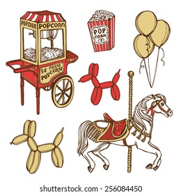 Hand drawn retro luna park set. Carousel horse, popcorn machine, popcorn, balloons, balloon dog. Wight background