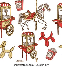 hand drawn retro luna park seamless pattern. Carousel horse, popcorn machine, popcorn, balloons, balloon dog. White background