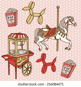 Hand drawn retro luna park set. Carousel horse, popcorn machine, popcorn, balloons, balloon dog. Vintage pink polka dot background