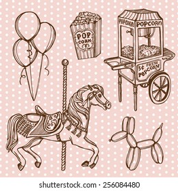 Hand drawn retro luna park set. Carousel horse, popcorn machine, popcorn, balloons, balloon dog. Vintage pink polka dot background