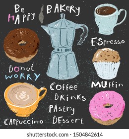 Hand drawn retro metallic coffee moka pot sketch, espresso cup, cappuccino cup, muffin, doughnuts on blackboard. Grungy style illustration. For coffee menu and food background.