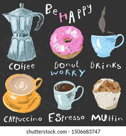 Hand drawn retro metallic coffee moka pot sketch, espresso cup, cappuccino cup, cup with smoke, muffin, doughnut on blackboard. Grungy style illustration. For coffee menu and food background.
