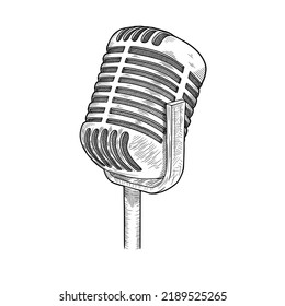 Hand drawn retro microphone sketch. Vector illustration in doodle style isolated on white background.