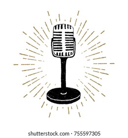 Hand Drawn Retro Microphone Textured Vector Illustration.