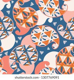 Hand drawn retro paisley motif illustration. Seamless vector pattern all over print in modern memphis style foulard drop motif. Decorative stylized floral abstract background or design for home decor.