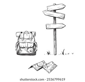 Hand drawn retro paper Hikers map for exploring, landscape with camp. Signpost wooden and Backpack sketch for adventure or tourism trip on isolated background. Vector ink illustration wood pointer way