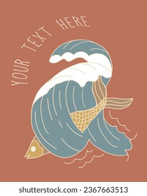 Cartel retro dibujado a mano con peces y olas. Ola grande y pescado de mar de estilo vintage. Símbolo de viaje de actividad al aire libre, turismo. Ilustración grabada para el diseño de afiches, tatuajes, camisetas y tarjetas.