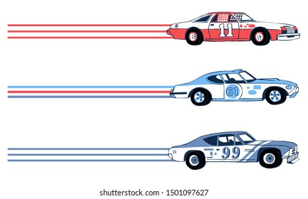 Hand drawn retro racing cars. Moving sport cars. Grand Prix background. Side View. The 1970's 