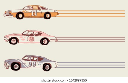 Hand drawn retro racing cars. Moving sport cars. Grand Prix background. Side View. The 1970's 