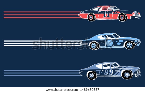 Hand drawn retro racing cars.
Moving sport cars. Grand Prix background. Side View.  The 1970's
